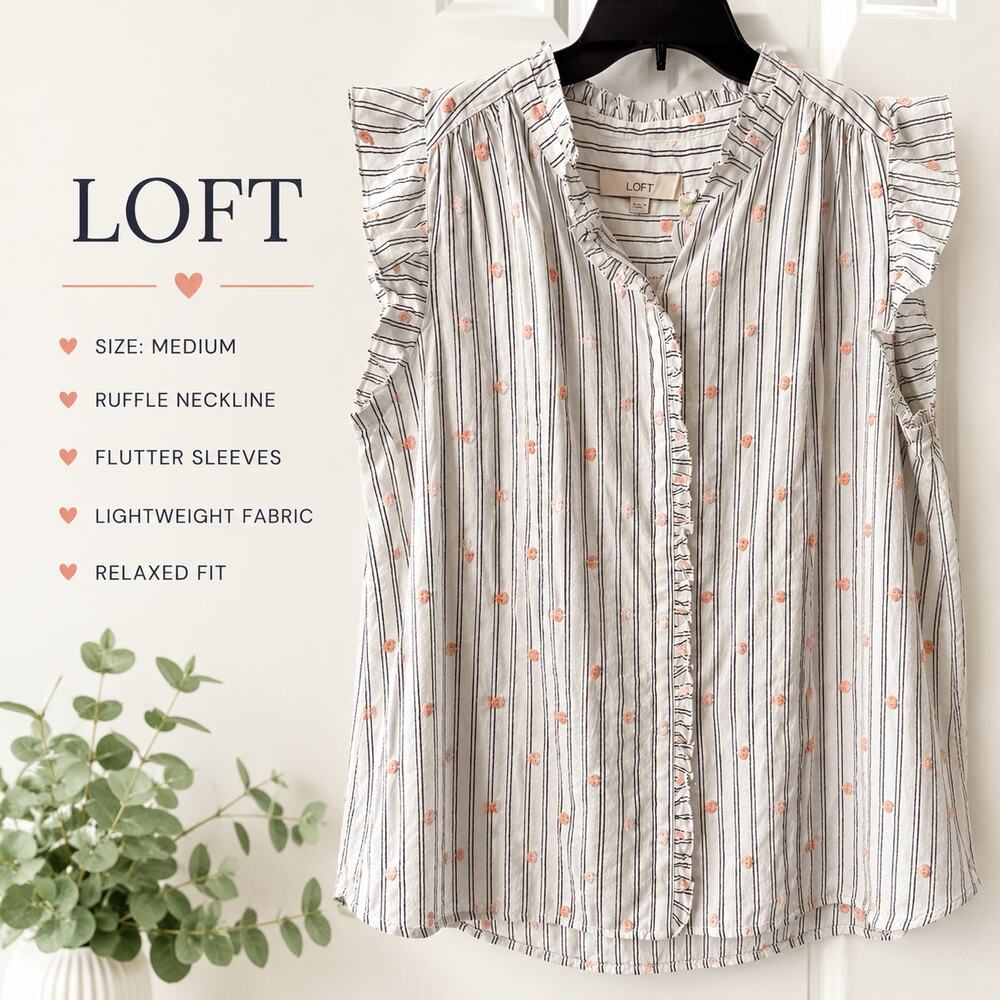 LOFT Striped Floral Embroidered Ruffle Sleeve Blouse Medium Cottagecore Boho